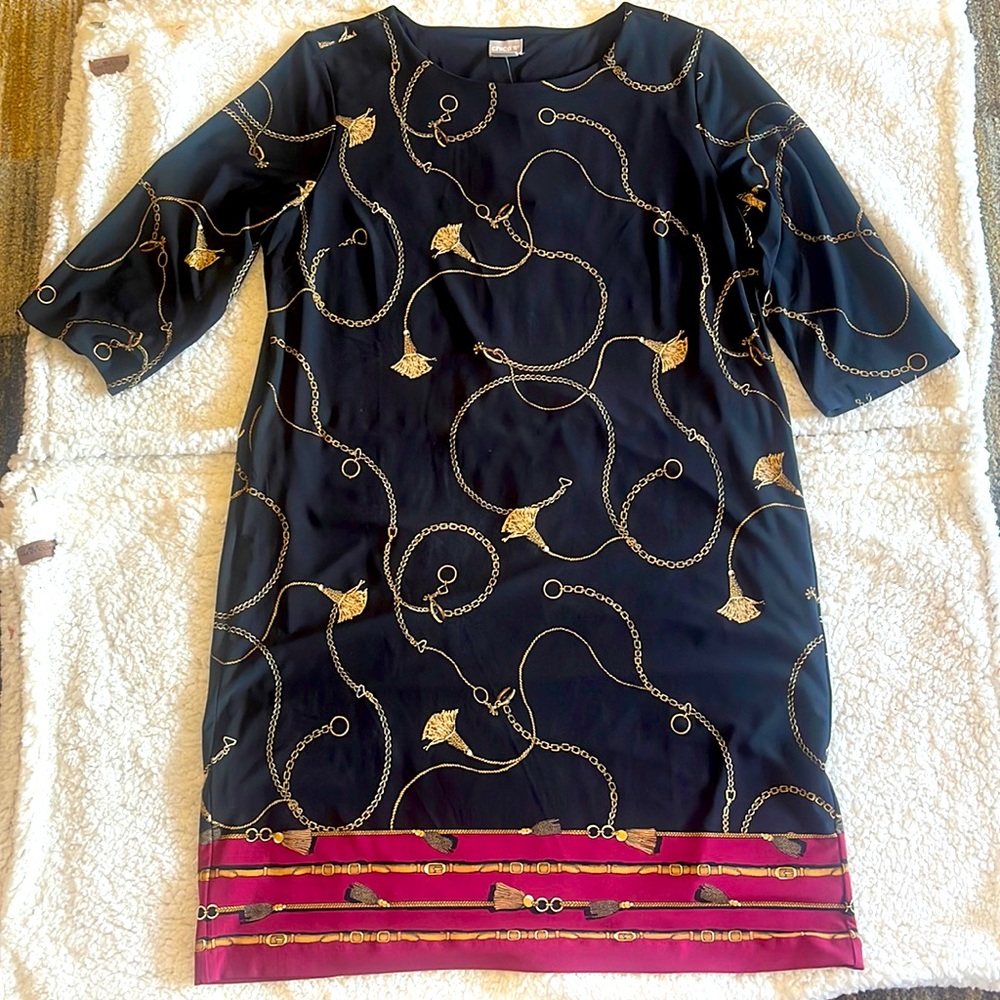 Chico’s black, gold, maroon dress with some white. Length of the dress is 38”
